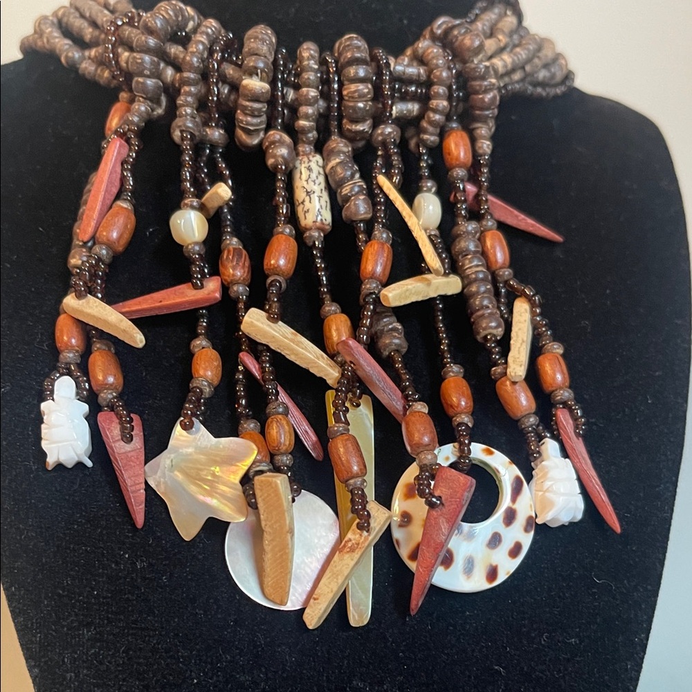 Bohemian Multi-strand Wood Beaded & Carved MOP Shell Statement Necklace